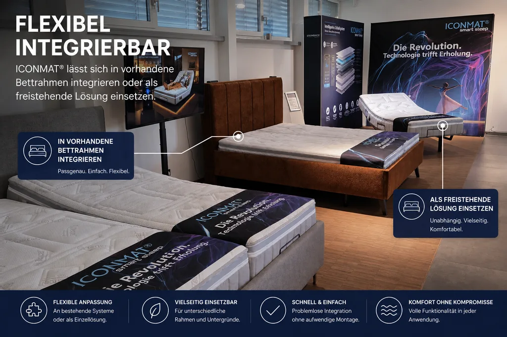 ICONMAT® im Ausstellungsraum des Herstellers: einmal in einen Bettrahmen eingesetzt, einmal freistehend