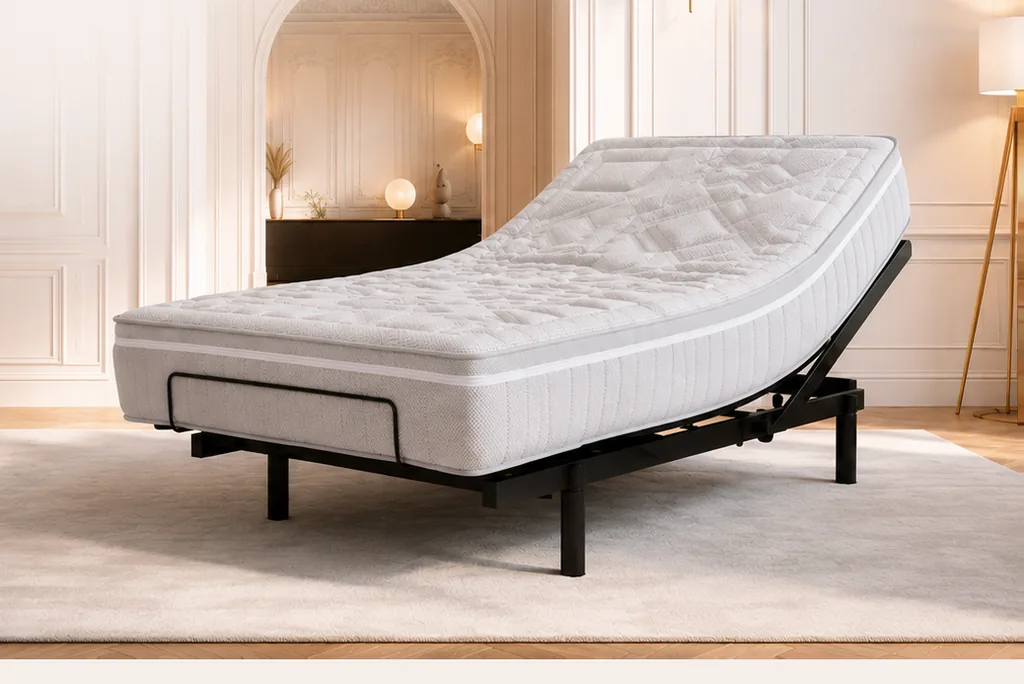 Das Schlafsystem ICONMAT® in einem hellen Schlafzimmer, das Kopfteil angehoben, darunter die schwarze motorische Bettbasis