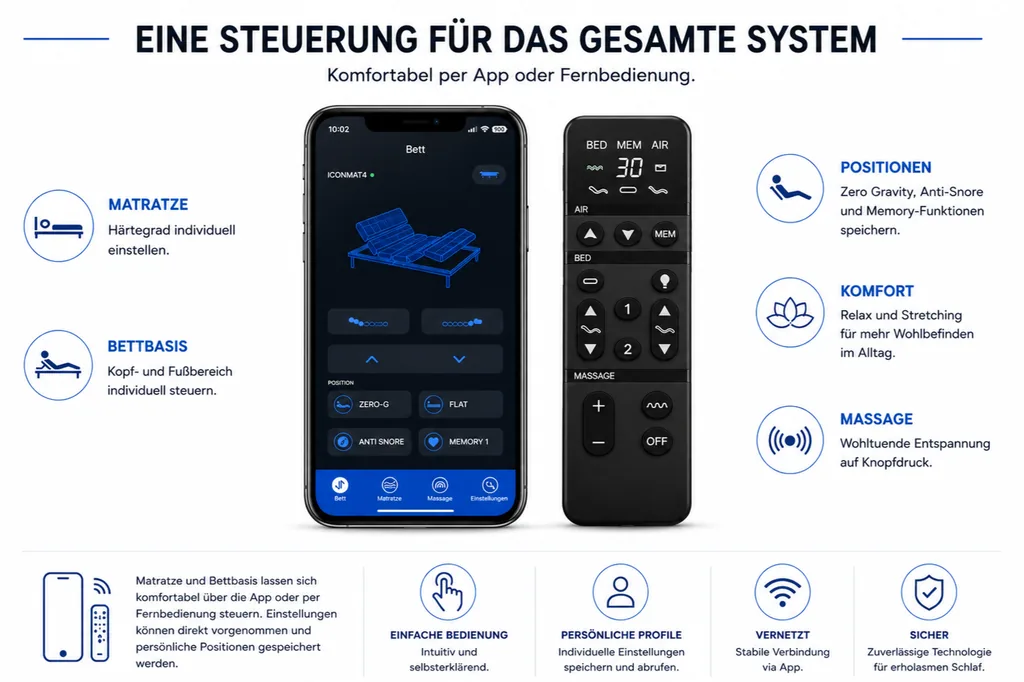 Die Steuerung von ICONMAT®: Smartphone-App und Fernbedienung nebeneinander, daneben die Funktionen Matratze, Bettbasis, Positionen, Komfort und Massage