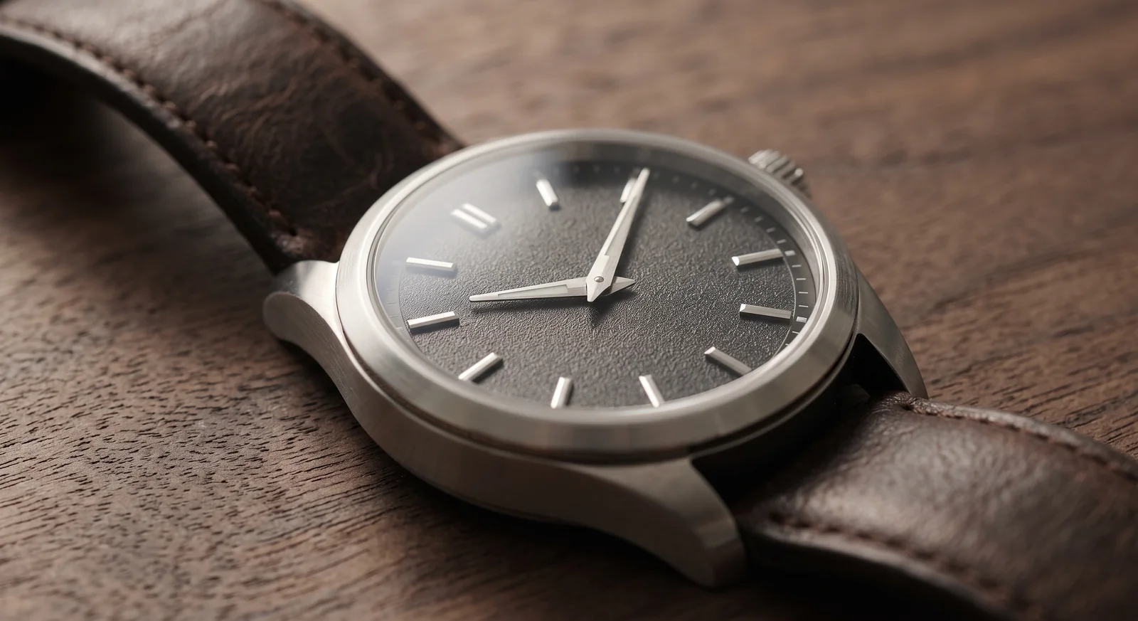 Hochwertige Armbanduhr auf dunklem Holz &ndash; Sinnbild f&uuml;r unsere &Ouml;ffnungszeiten